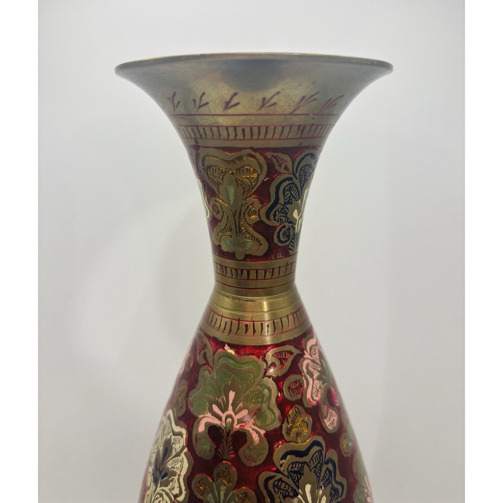 Vintage Indian Brass Vase Ornate Enameled Etched Floral Boho Red Green Gold - Picture 5 of 8